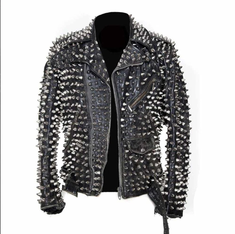 Men’s Black Punk Studded Biker Leather Jacket