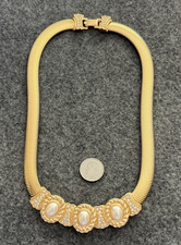 Vintage CHRISTIAN DIOR Rhinestone Faux Pearl Collar Wide Gold Tone Necklace Mint