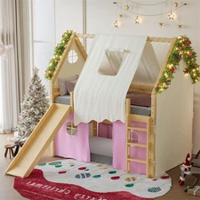 Wood Full Size House Loft Bed with Sills,Tents,Ladders,Slide & LED Light Pink