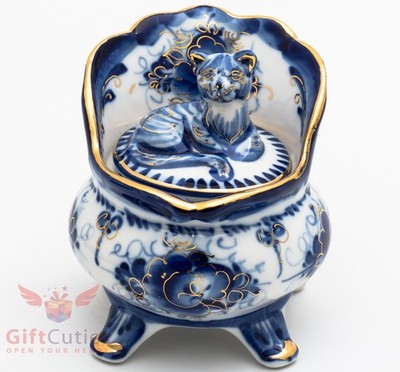 Gzhel Porcelain cat kitty trinket box hand-painted in blue gold plated