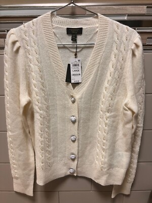 CHARTER CLUB Women's 100% Cashmere Embellished Cable-Knit Boyfriend  Cardigan (L)