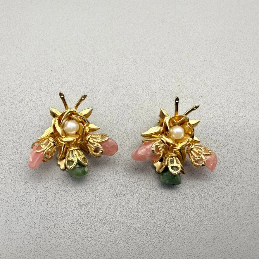 Vintage Earrings Clip On Pink Quartz Green Jade Gold Tone Flowers Faux Pearls 1" - Image 2 of 4