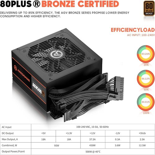 AGV Series 500W Power Supply, 80 plus Bronze Certified, Non Modular Power Supply - Afbeelding 2 van 12