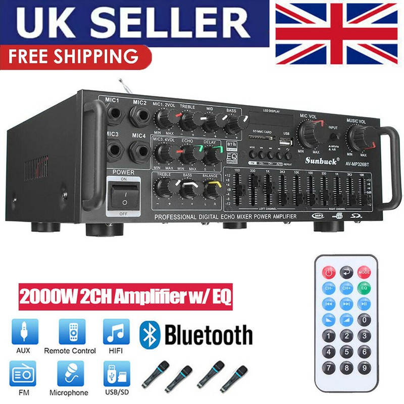 2000W Digital Power Amplifier Bluetooth Stereo HiFi Audio 2CH USB FM SD Car Home