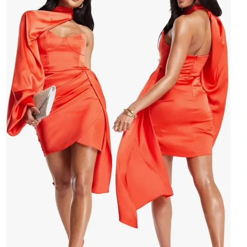 NEW ASOS Hot Red Orange LUXE SATIN Extreme Drape ONE SLEEVE Cocktail DRESS US 0 - Picture 3 of 12