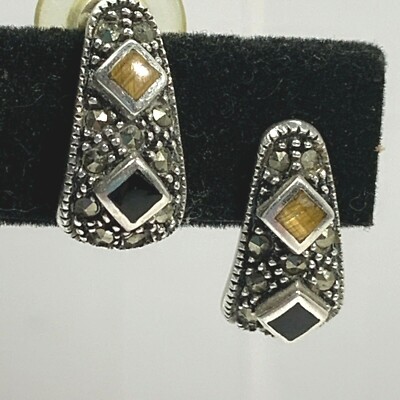 VTG Sign SU Thailand 925 Sterling Silver GEMSTONE INLAY EARRINGS Tiger Eye ONYX