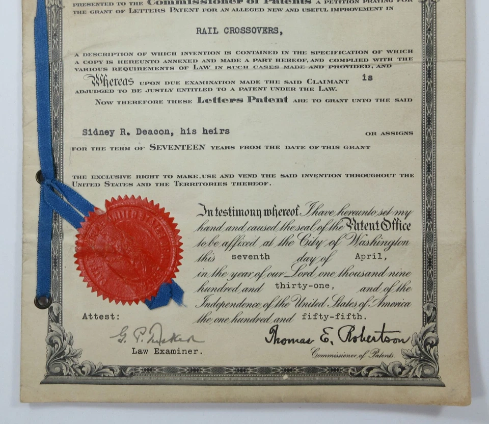 US Patent Office Certificate Railroad Track Crossover Photo Sidney Deacon 1931 - Image 4 of 4