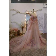 Pink Exquisite Appliques Wedding Dress V Neck Puffy Sleeve Royal Train Marriage