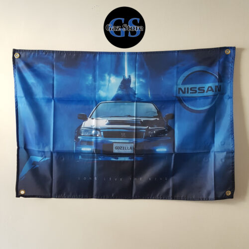 Nissan Skyline R34 GTR Zilla wiszący na ścianie garaż warsztat flaga baner samochód 3x2 - Zdjęcie 1 z 11