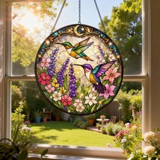 Hummingbird Stained Glass Suncatcher, Floral Window Decor Gift