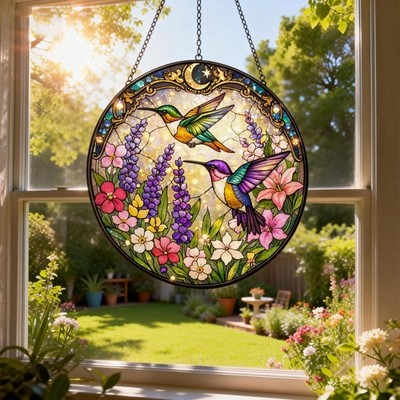 Hummingbird Stained Glass Suncatcher, Floral Window Decor Gift