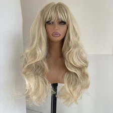 Ash Blond Synthetic Hair Heat Resistant Costume Wig With Bangs Long Wavy Soft