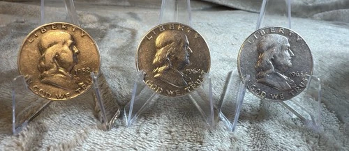 THREE 90% Silver Franklin Half Dollars - 1952D, 1962D, 1963D XF/AU #2694