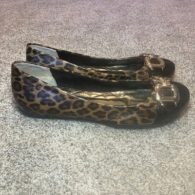 Marc Fisher Charles3 Leopard Print Ballet Flats Gold Buckle Black Toe Womens 7M