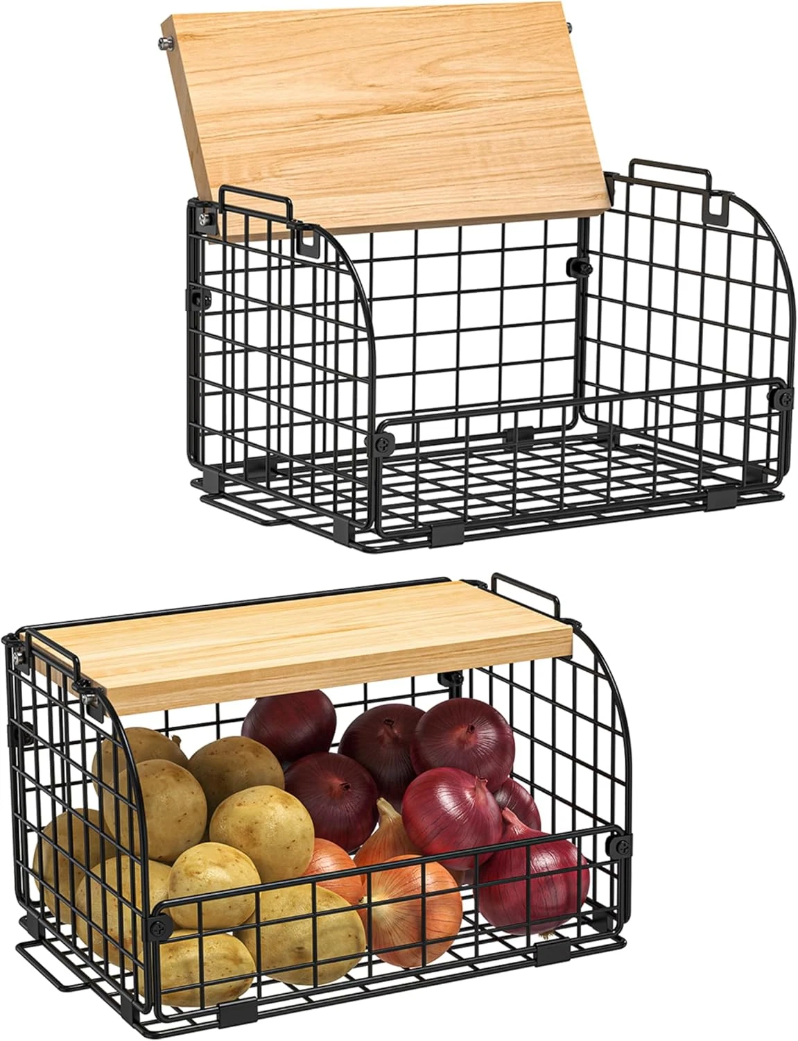 2 Set Stackable Wire Basket with Openable Top, Kitchen Counter, Pantry Organizer