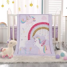 Mini Girl Crib Bedding Set, 3 Piece Unicorn Mini Crib Comforter Set, Baby Gir...