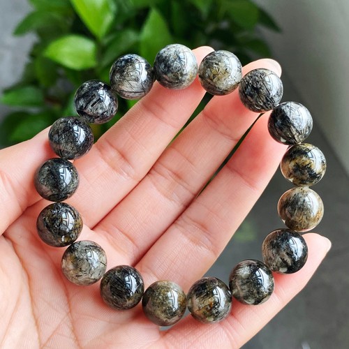 12mm Natural Black Rutilated Quartz Crystal Beads Bracelet AAA 1871 - Picture 2 of 11