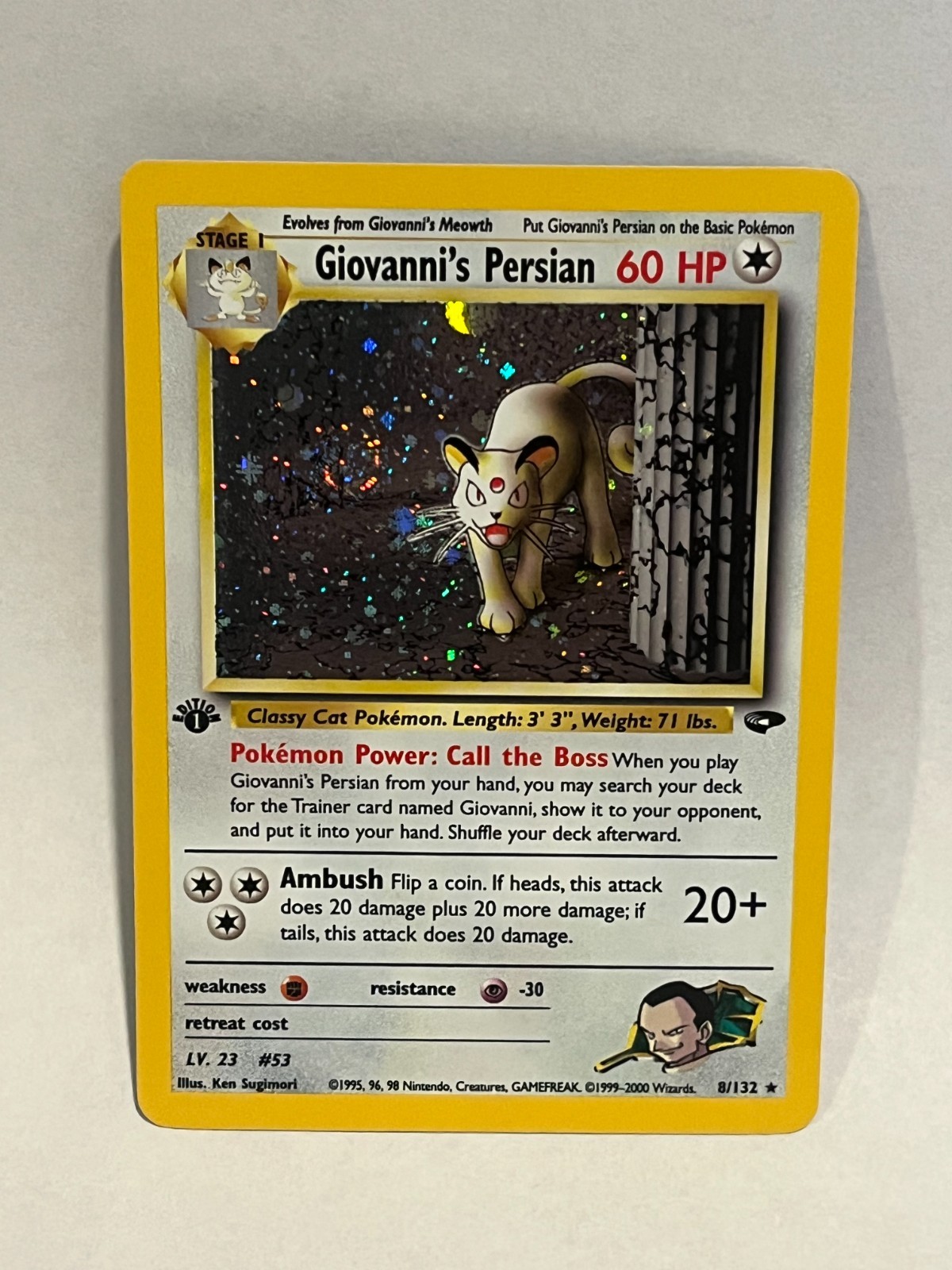 1st Edition Giovanni's Persian (swirled up) š„ 8/132 Gym Challenge Holo Raw NM