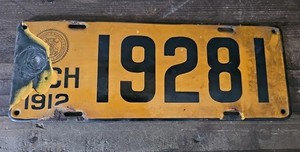 Vintage 1912 Michigan License Plate 19281 Yellow Black Michigan Seal Porcelain
