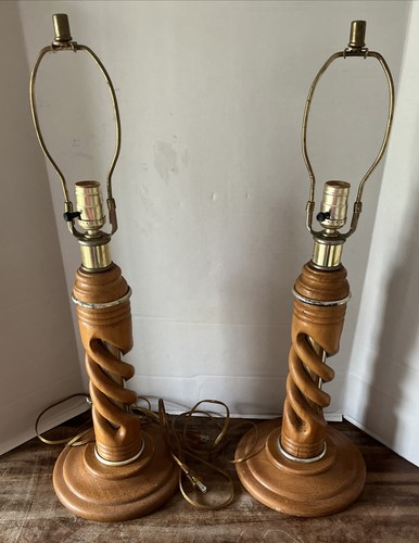 Vintage Mid Century Wooden Oak Spiral Table Lamp Wood Brass PAIR MCM Lamps