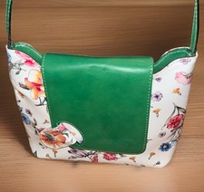 Vera Pelle Floral  Green Design Leather Crossbody Bag Made In Italy EUC