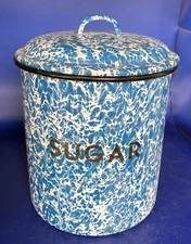 Vintage Antique Graniteware Blue and White Enamel Sugar Canister
