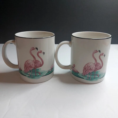 Vtg Tienshan Stoneware Pink Flamingos Coffee/Tea Mugs Beautiful Set Of 2  MINT