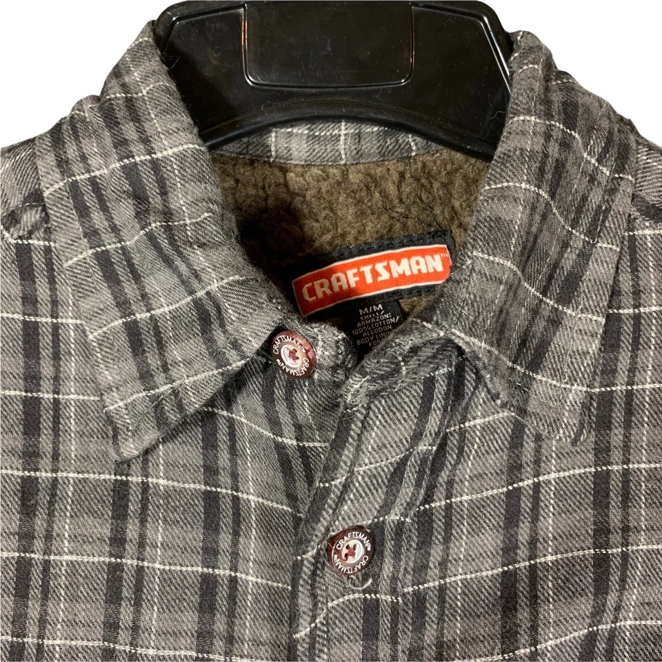 Camisa de franela forrada Sherpa manga larga con botones M Craftsman para hombre gris a cuadros Foto 4 de 4