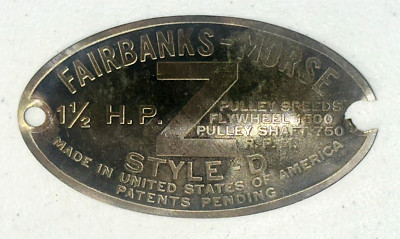 Brass Name Plate Tag 1 1/2HP ZD FAIRBANKS MORSE Z Style D Hit Miss Engine