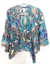 Chico's Linen Drape Jacket Open Front 3/4 Slv Multicolor Paisley Size 2  16790