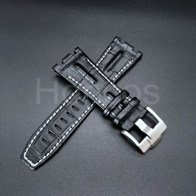 28MM Alligator Leather Watch  Strap Fits For AP Audemars Piguet Black White 42MM