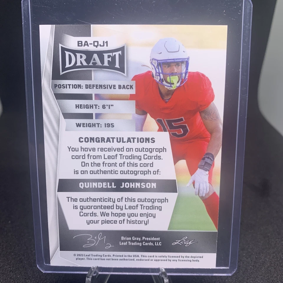 QUINDELL JOHNSON 2023 Leaf Draft AUTO RC #QJ1 MEMPHIS Red Parallel - Image 2 of 3