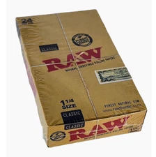 Raw 1-1/4 Classic Rolling Paper Full Box 24 Pack Box, Free Shipping