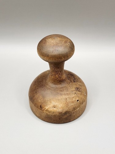 Antique Turned Carved Wood Butter Print Central Flower Design Knob Shaped Handle - Picture 3 of 6
