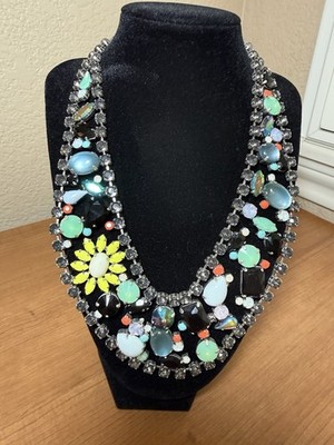 Logo Lavish Links Rhinestone Simulated Gemstone Wide Bib Necklace Multicolor
