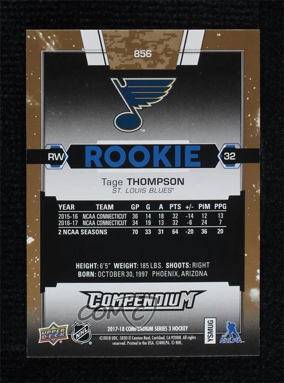 2017-18 Upper Deck Compendium Rookies Gold Tage Thompson #856 Rookie RC - Image 2 of 2