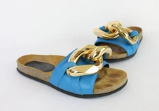JW Anderson Women's Blue Leather Gold Chain Link Slide Sandal Flat Shoe 39 9