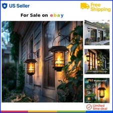 Solar Wall Lantern Outdoor Flickering Flame LED Waterproof Hanging Lights 2 Pack