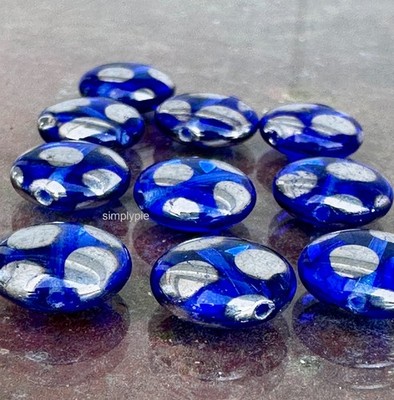 Silver Blue Peacock Coin 10 Czech Glass Beads #GARMOON