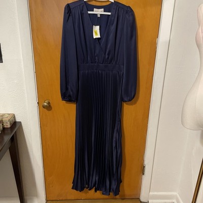 Adelyn Rae Pleated Long Sleeve Maxi Slit Navy Blue Women s Small