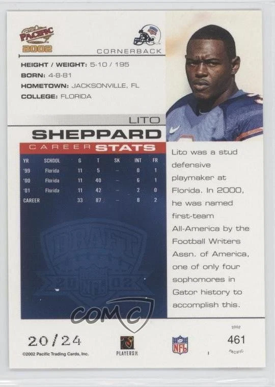 2002 Pacific Extreme LTD /24 Lito Sheppard #461 Rookie RC - Image 2 of 2