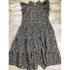 Pinch Womens Black White Floral Tiered Midi Dress Flutter Sleeve Size Large