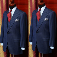 New Navy Blue Men Suit For Work Striped 3Pcs Offical Outfits Business Tuxedo Jac