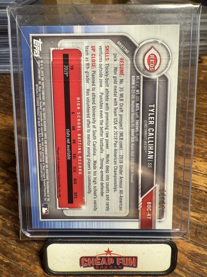 2019 Bowman Chrome Draft Sapphire Tyler Callihan #BDC-47 1st Orange /25 RC Reds - Image 3 of 3