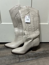 Stradivarius Faux Leather Pointy Toe Western Cowboy Boots Off White Ivory