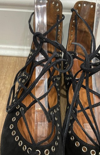 ISABEL MARANT Sandalias Planas de Gamuza Negras Detalle Metálico con Cordones Zapatos UK7 - Imagen 6 de 9