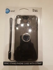 New ONN iPhone XS Max Ring Stand Phone Case With Strap Ring Rotates 360 BLK