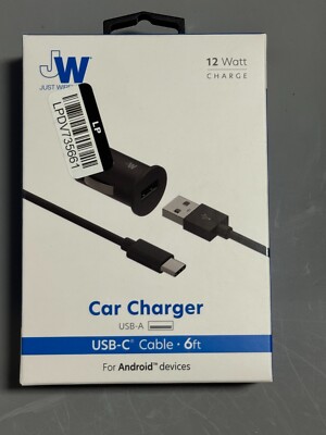 Just Wireless Car Charger Black Compact USB-C to USB-A Cable 2.4A 12 Watt 6-ft