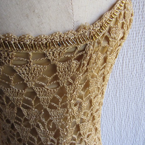 Gold Crochet Lace Dress Size 10 M Form Fit 8-10 Sparkles Ozone Hand Knit Y2K Vtg - Picture 9 of 13
