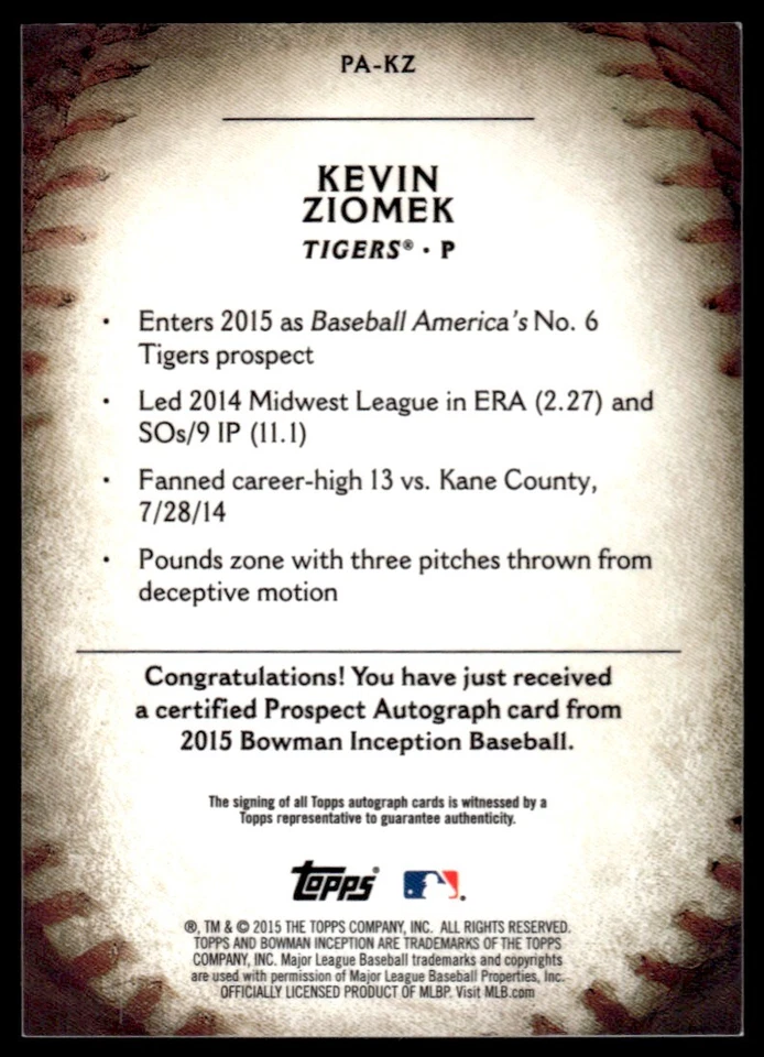 2015 Bowman Inception Green AUTO Kevin Ziomek Auto 56/99 Detroit Tigers #PA-KZ - Image 2 of 2